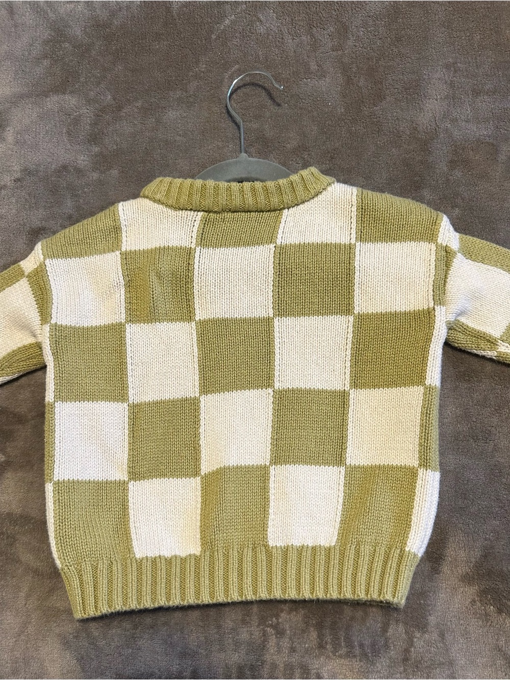Oversized Little Co Olive and Cream Checkered Knit Sweater - 18M - Picture 4 of 5